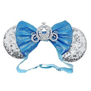 Disney Silver & Blue Cinderella Sequin Minnie Mouse Ears Comfy Elastic Headband
